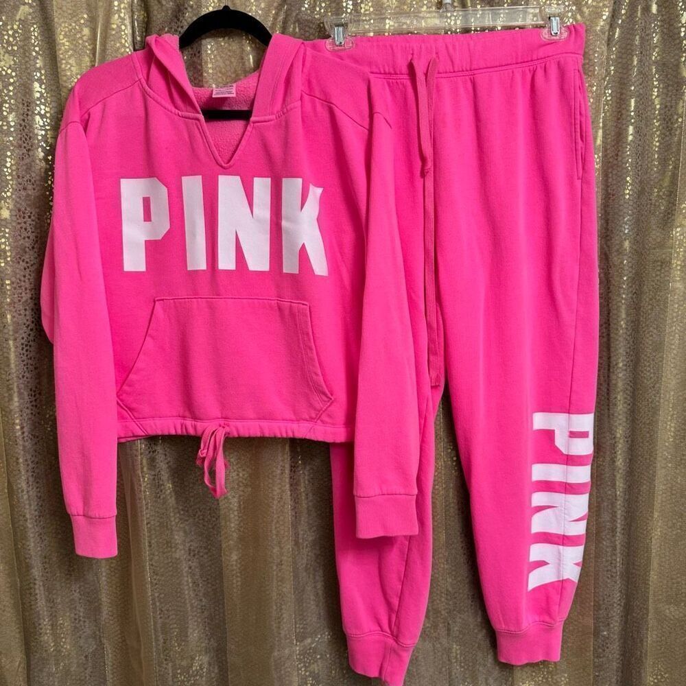 PINK Victorias Secret Cinched Crop Hoodie‎ & Sweatpants Atomic Pink Set L/XL